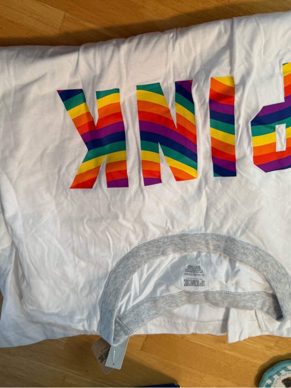 PINK Victoria's Secret White Tee with Rainbow Stripe Logo